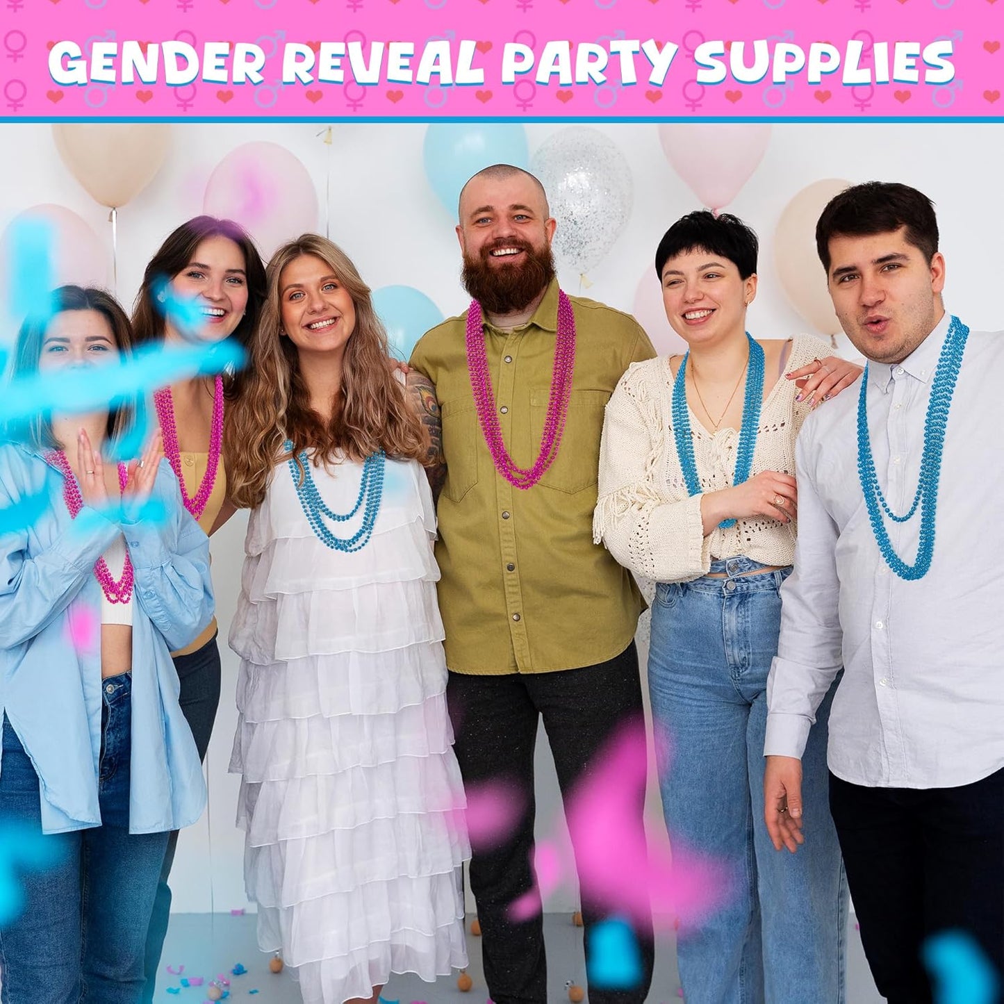 120 PCS Baby Gender Reveal Beads, 33'' Gender Reveal Necklace Decorations, Pink and Blue Round Bead Necklaces Bulk for Team Boy Team Girl, Creative Baby Gender Reveal Party Supplies Accessories