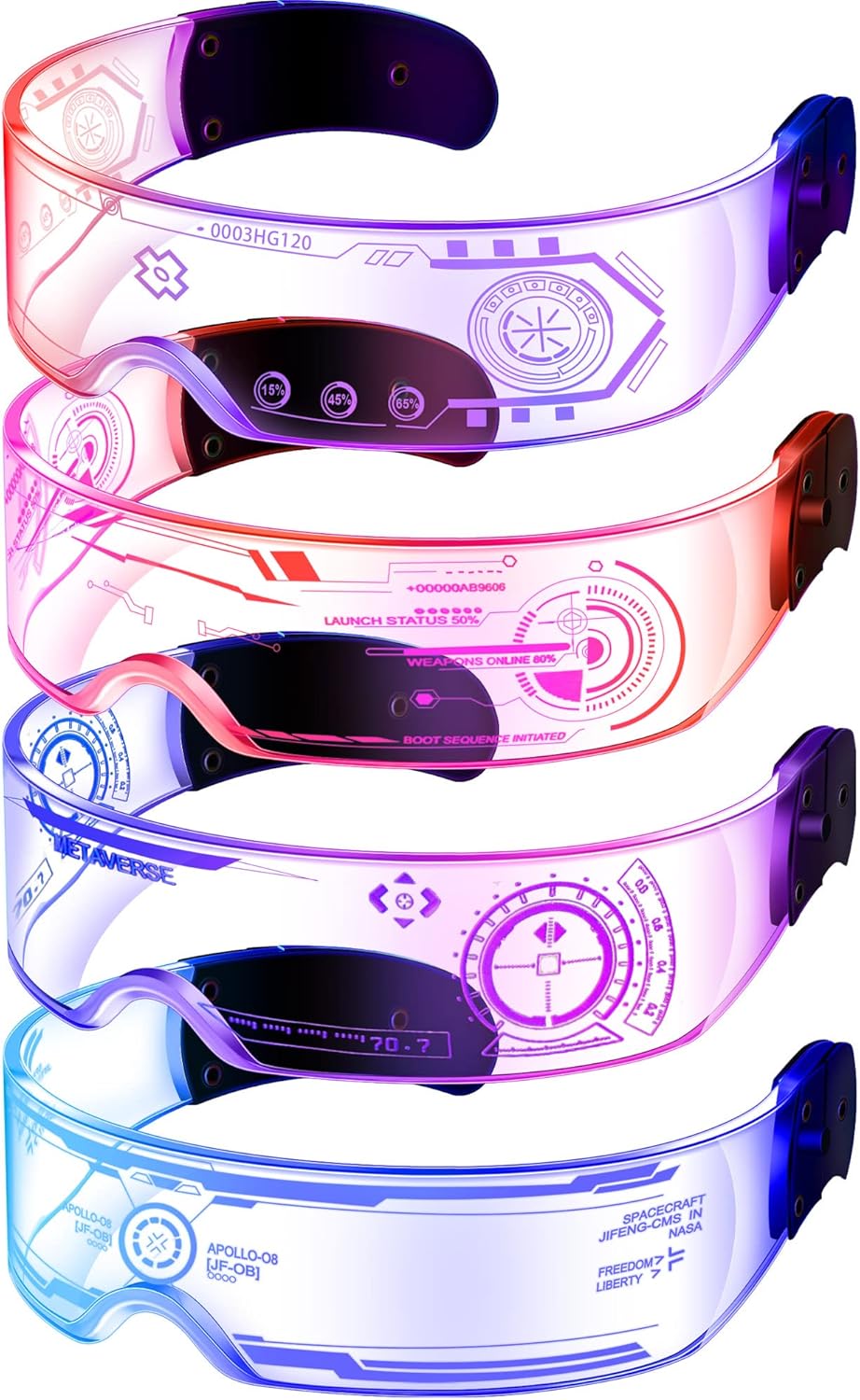 TOODOO 4 Pairs LED Visor Glasses Light up Glasses Futuristic Luminous Rave Glasses 7 Colors 4 Modes for Club Christmas Party