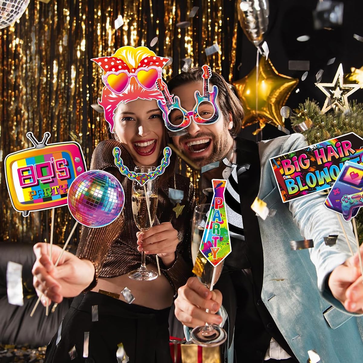 80s Photo Booth Props, Tumwisk 30PCS 80s Party Decorations, Back to 1980s Birthday Photo Booth Props，Funny Selfie Props for Hippie Rock and Hip Hop Retro Theme Party Supplies Favors