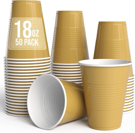 18 Oz Gold Plastic Cups For Party Supplies 50 Pack | Gold Disposable Cups Plastic | Disposable Drinkware For Parties, Events & Everyday