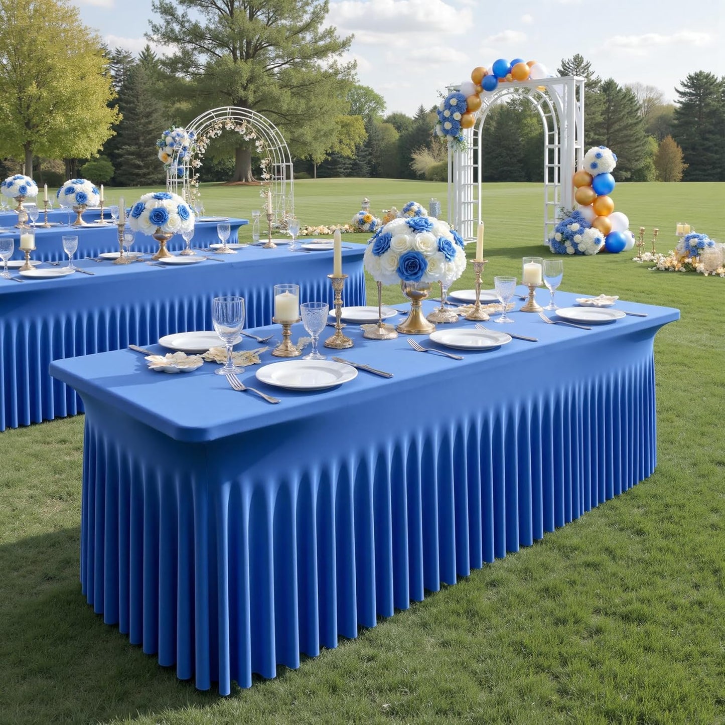 NSSONBEN 2 Pack Royal Blue Spandex Tablecloths 6ft, Wrinkle Free High Stretch Fitted Table Cloths for 6 Foot Rectangle Tables, Ruffle Skirt Spandex Table Covers 6ft for Party Wedding Banquet