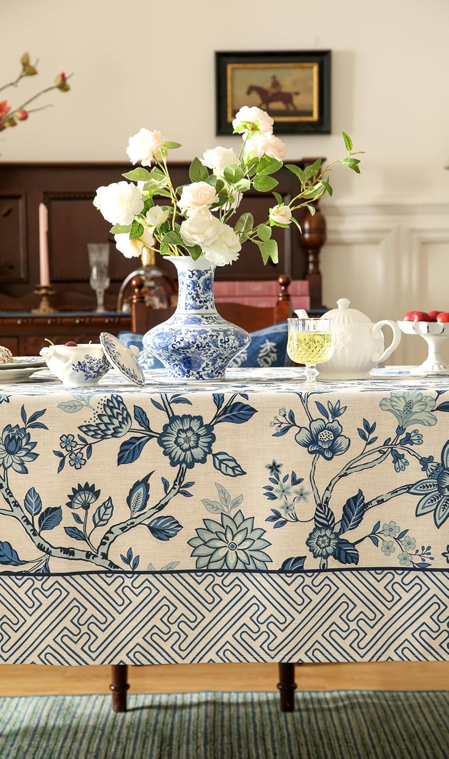 Vintage Blue and White Rectangle Tablecloth,French Linen Floral Wrinkle Free Tablecloths,Decorative Table Cover for Kitchen,Dining,Party,Thanksgiving,Christmas,55"*79"-Suqing