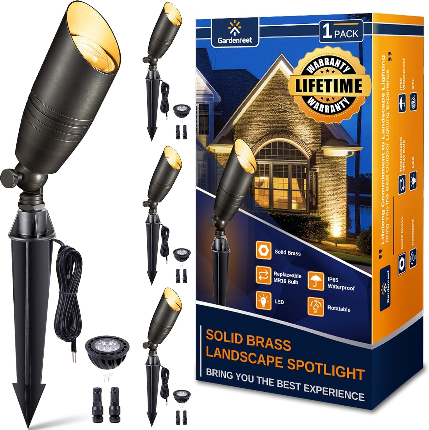 Gardenreet Brass Landscape Lighting - Low Voltage Spotlights Outdoor LED, 12V Wired Uplights, Waterproof Spot Lights, Antique Bronze for Outside Trees with 5W 2700K Warm White MR16 Bulb (4 Pack)