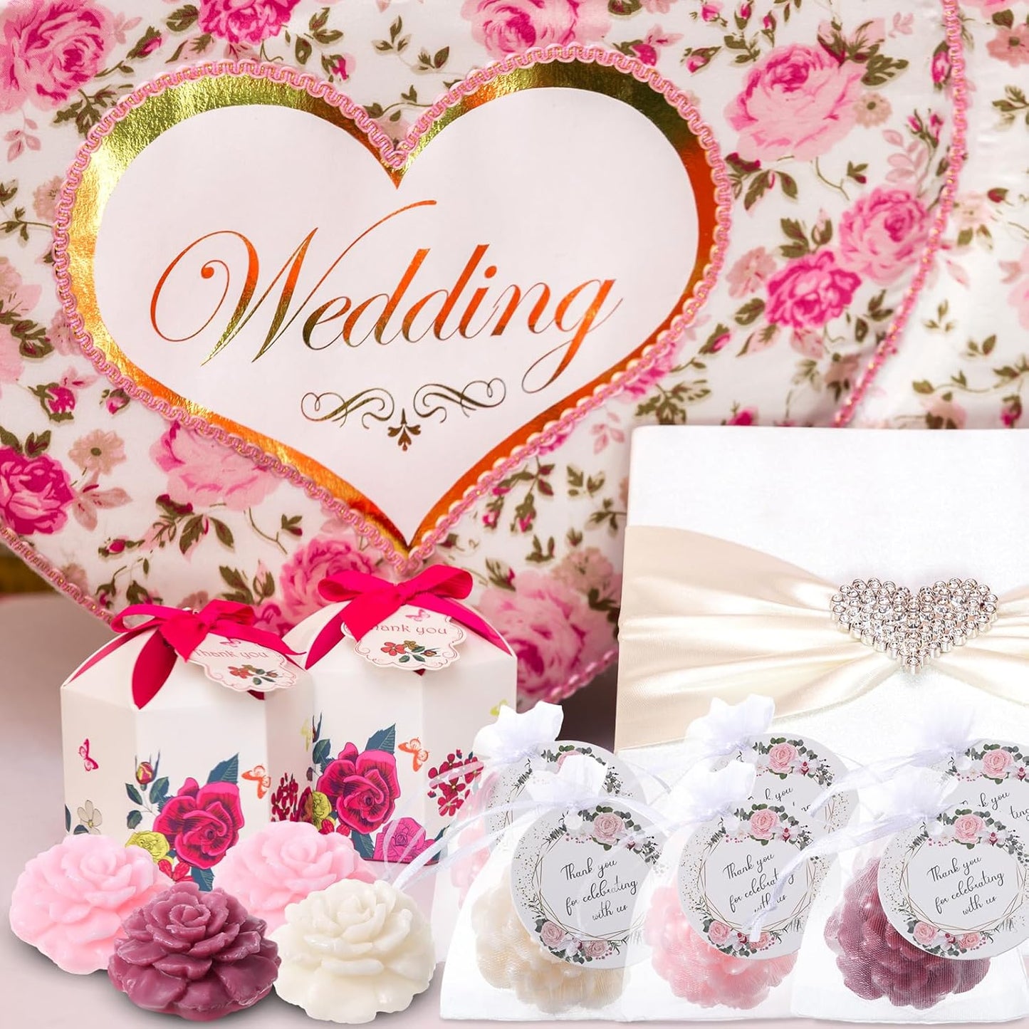 Demissle 24 Set Flower Mini Soaps for Guests Flower Soap Wedding Handmade Gift Favors Fancy Decorative with Thank You Tags for Wedding Bridal Guest Gift Party Favor(Rose)