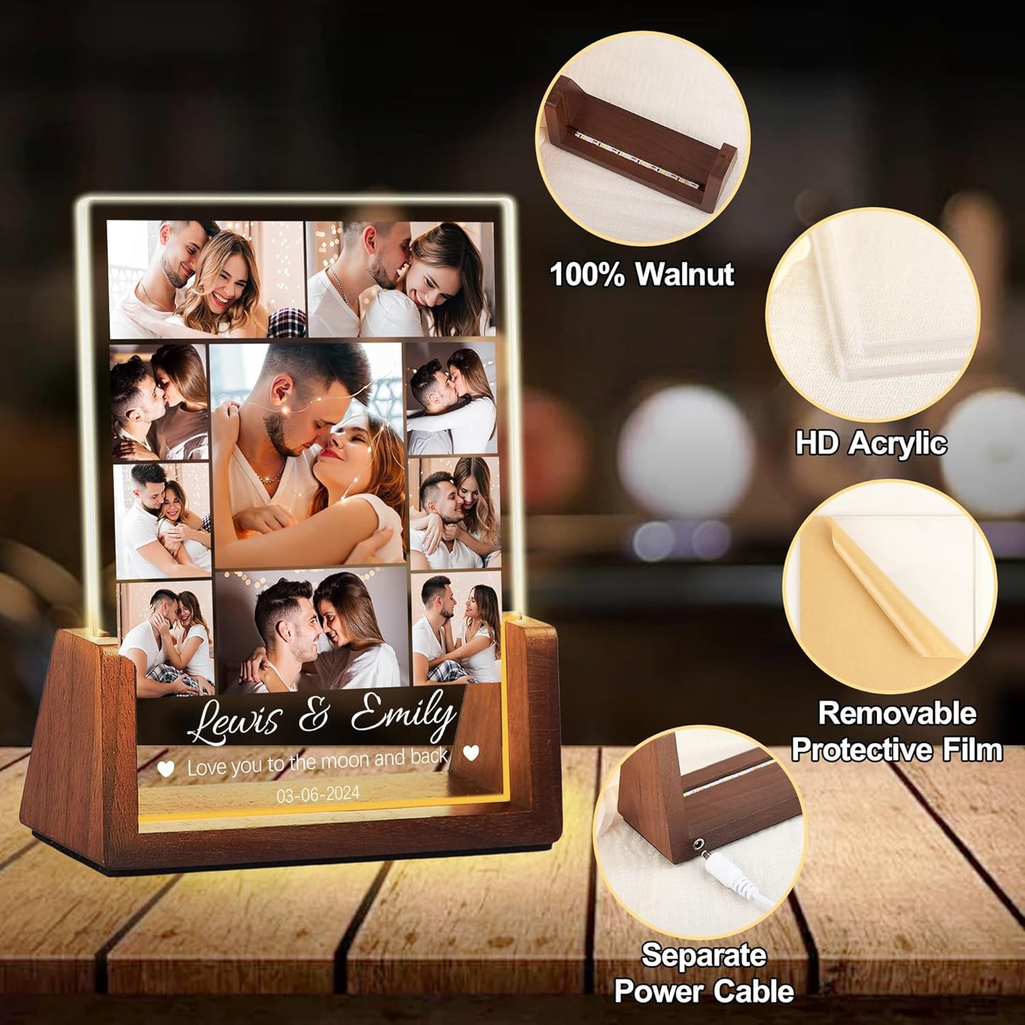 Personalized Couple Birthday Gifts For Him Her Boyfriend Girlfriend, Custom Light Up Photo Frame Acrylic Plaque With Picture Name, Customized Anniversary Christmas Wedding Gifts For Women Men