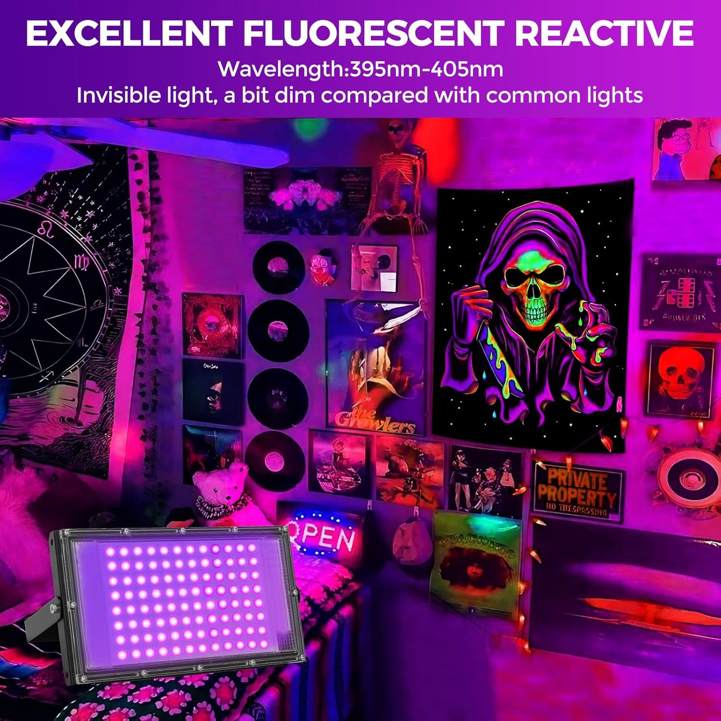 100W LED Black Lights for Glow Party - Waygor UV Blacklight Floodlight 395nm BlackLights Spotlight Purple Black Light Flood Light Fluorescent UV Lights Lamp for Halloween Decor (4 Pack)