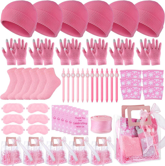 Shihanee 6 Sets Baby Shower Prizes for Game Wedding Bridal Shower Winners Favors Include Beanie Hat Touch Screen Gloves Fuzzy Socks Plush Sleep Eye Mask Cup Sleeves Ballpoint Pen Card Gift Bags(Pink)