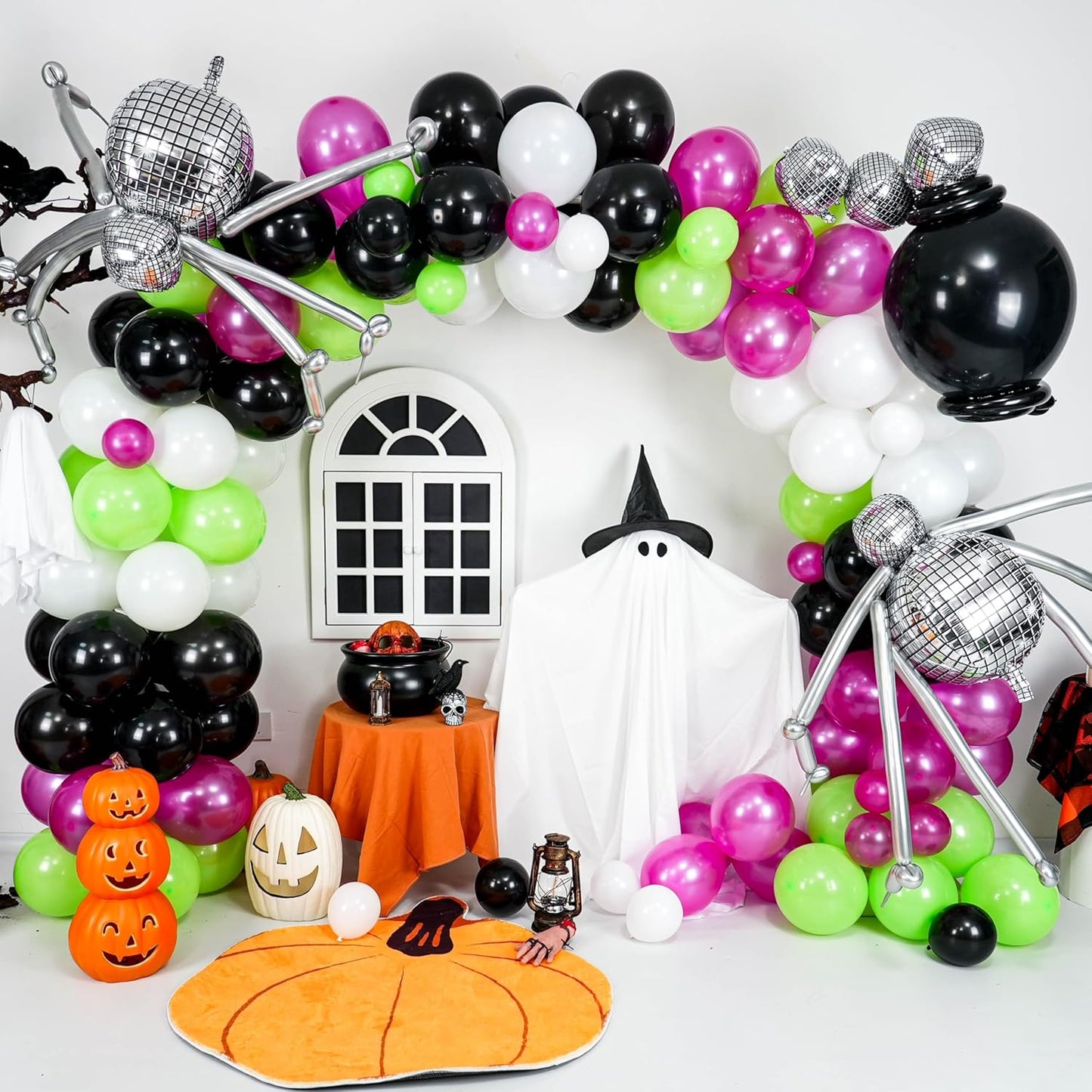 Halloween Balloons Arch Kit, Black Green Hot Pink Balloon Garland Kit with 4D Disco Spider Balloon, Black Pink White Metallic Silver Long Balloons for Halloween Birthday Home Garden Party Decorations