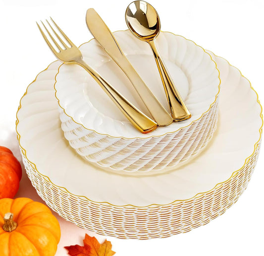 YOUBET 125PCS Scalloped Plastic Plates - Ivory Scalloped Disposable Plates - Gold Plastic Dinnerware Set Include 50 Plates, 75 Gold Silverware for Party & Wedding & Thanksgiving