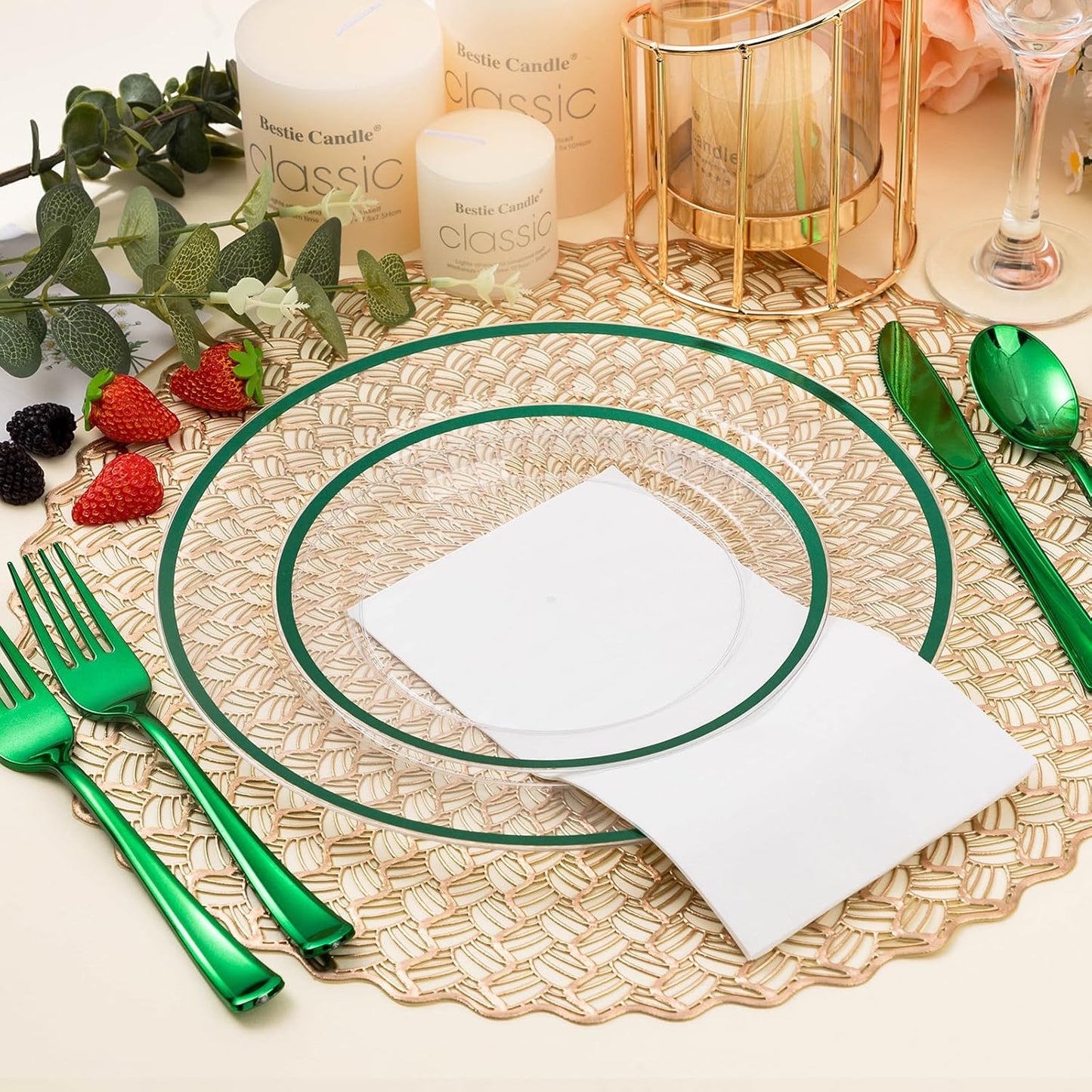 200PCS Green and Clear Plastic Plates, Green Disposable Plate Set with 100 Dinner Plates and 100 Dessert Plate for Party, St. Patrick's Day