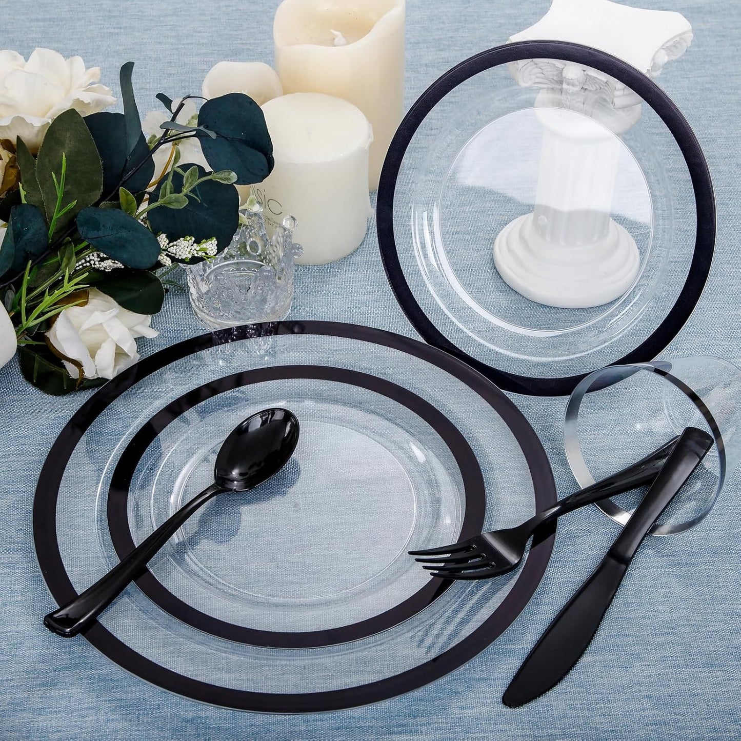 I00000 350 Pcs Clear and Black Plastic Plates,Black Dinnerware Set, Include 50 Dinner and 50 Dessert Plates,50 Plastic Cups,50 Per Rolled Napkins with Cutlery for Party,Wedding,Halloween