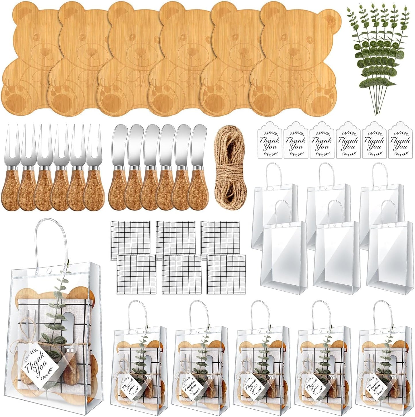 43 Pcs Baby Shower Game Prizes for Winners 6 Sets Baby Shower Prizes Wedding Bridal Favor with Bamboo Bear Shape Cheese Board Oak Cutlery Placemats Artificial Eucalyptus Stems Tags Bags