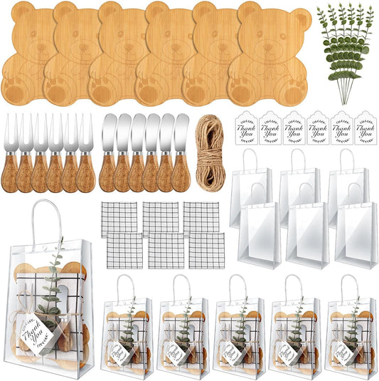 43 Pcs Baby Shower Game Prizes for Winners 6 Sets Baby Shower Prizes Wedding Bridal Favor with Bamboo Bear Shape Cheese Board Oak Cutlery Placemats Artificial Eucalyptus Stems Tags Bags