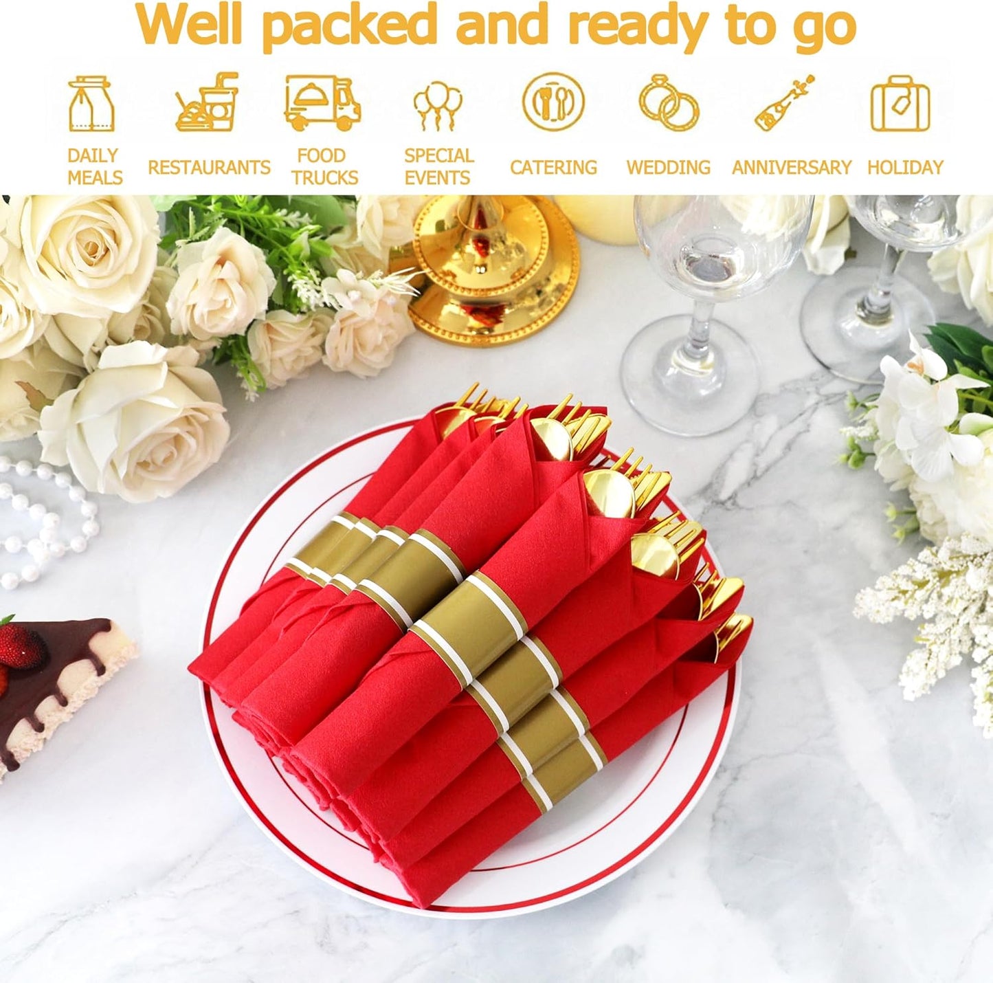 50 Pack Pre Rolled Gold Plastic Silverware Set,Wrapped Plastic Cutlery Set with Napkin Include 50 Forks,50 Spoons,50 Knives and 50 Red Napkins for Party,Wedding