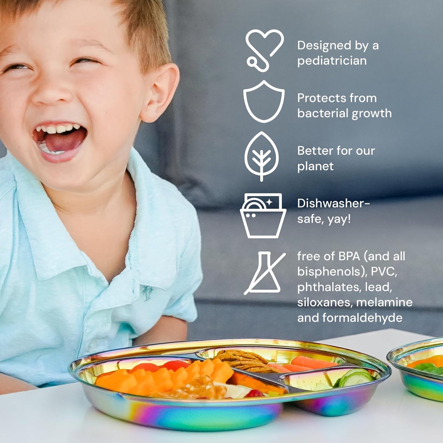Ahimsa Stainless Steel Kids Plates - Divided Toddler Plates, Pediatrician Designed, Non Toxic Toddler Plate, BPA Free & Dishwasher Safe (Rainbow Single)