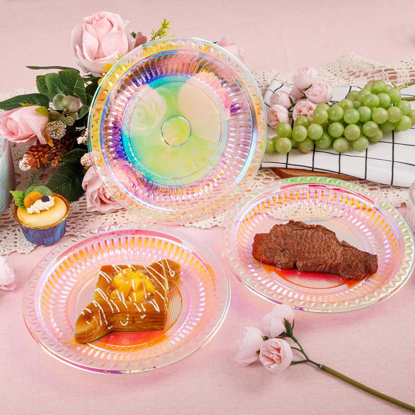 WELLIFE Iridescent Plastic Plates 9 Inch, 150 Count Disposable Plastic Dessert Plates for Disco Party Decorations Wedding Baby Shower Birthday Easter Valentine's Day Party