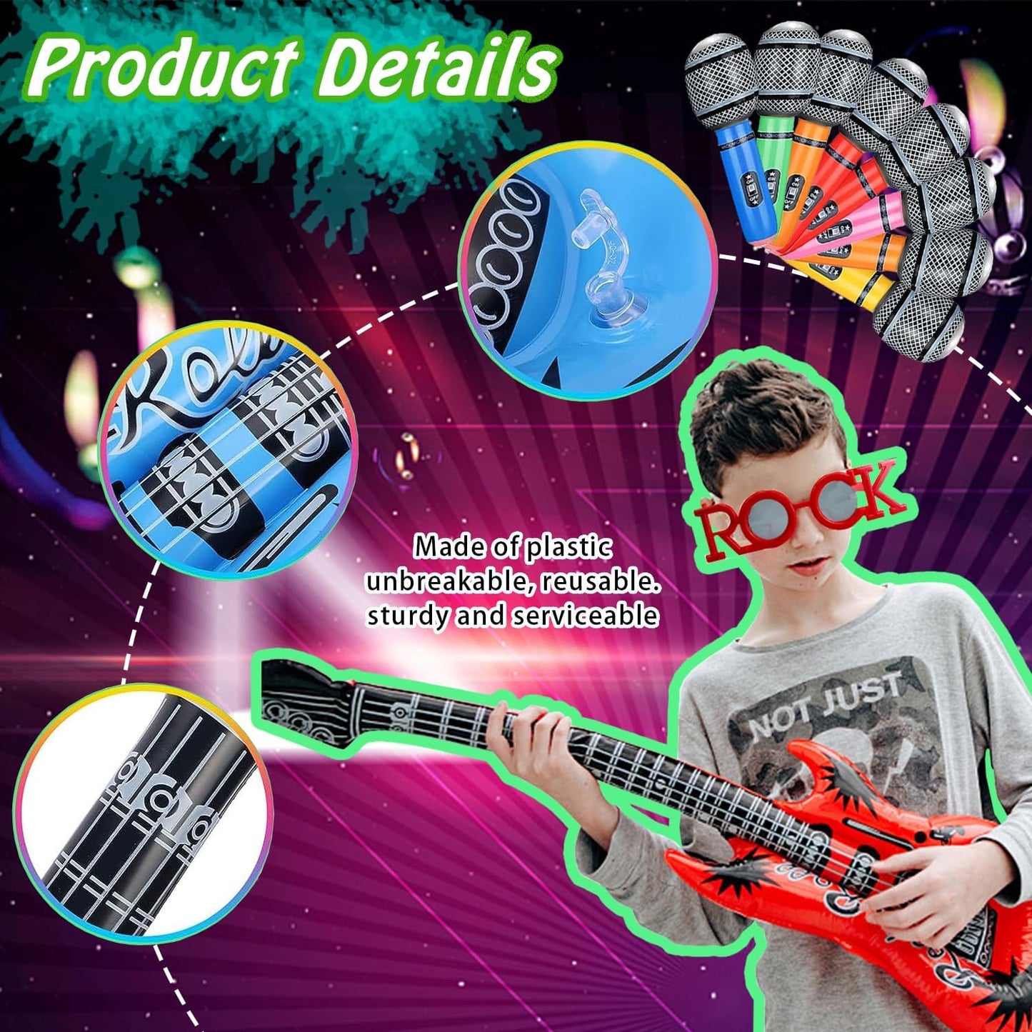 Large Rock Star Funny Sunglasses Set, Rock and Roll Party Funny Music Sunglasses, Inflatable Guitar Microphone for 70s, 80s, 90s, Music Party, Photo Booth Props for Carnival Rock and Roll Party