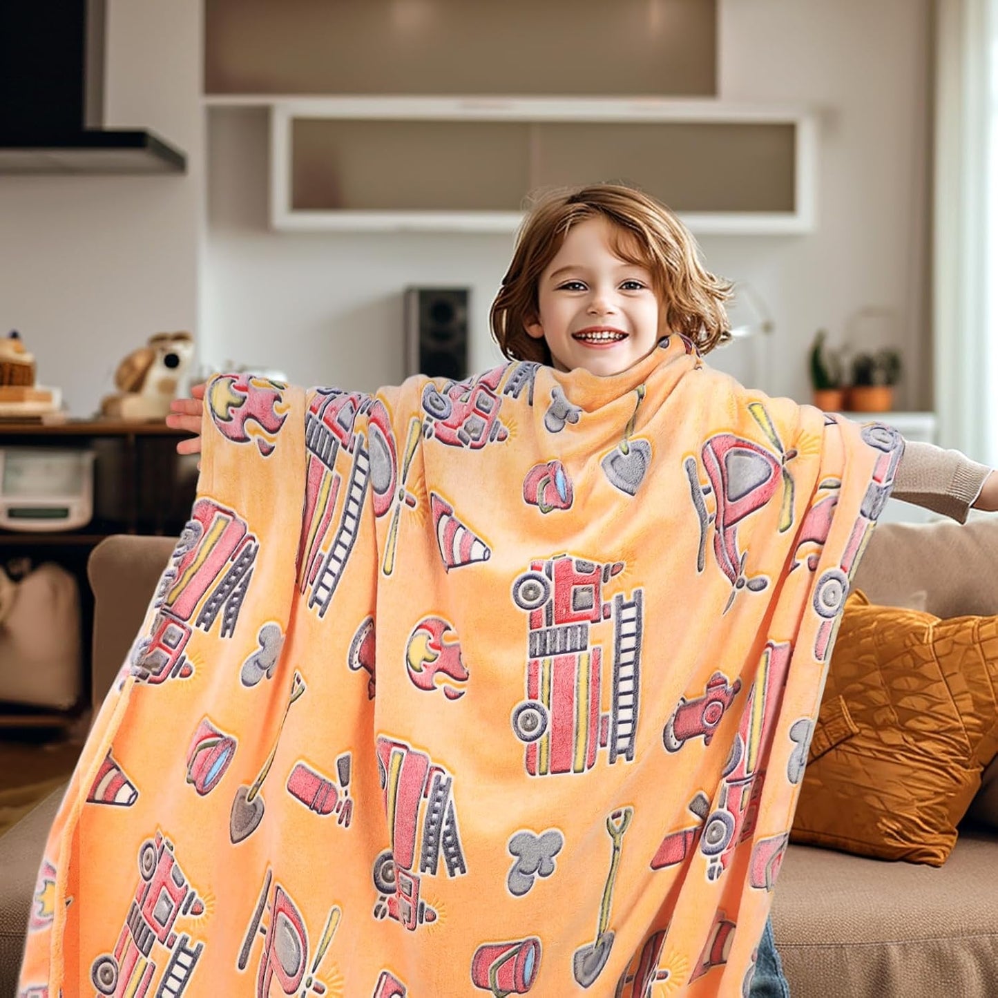 Glow in The Dark Blanket Toddler Fire Truck Gifts Toys for Boys Soft Kids Blankets for Birthday Gifts