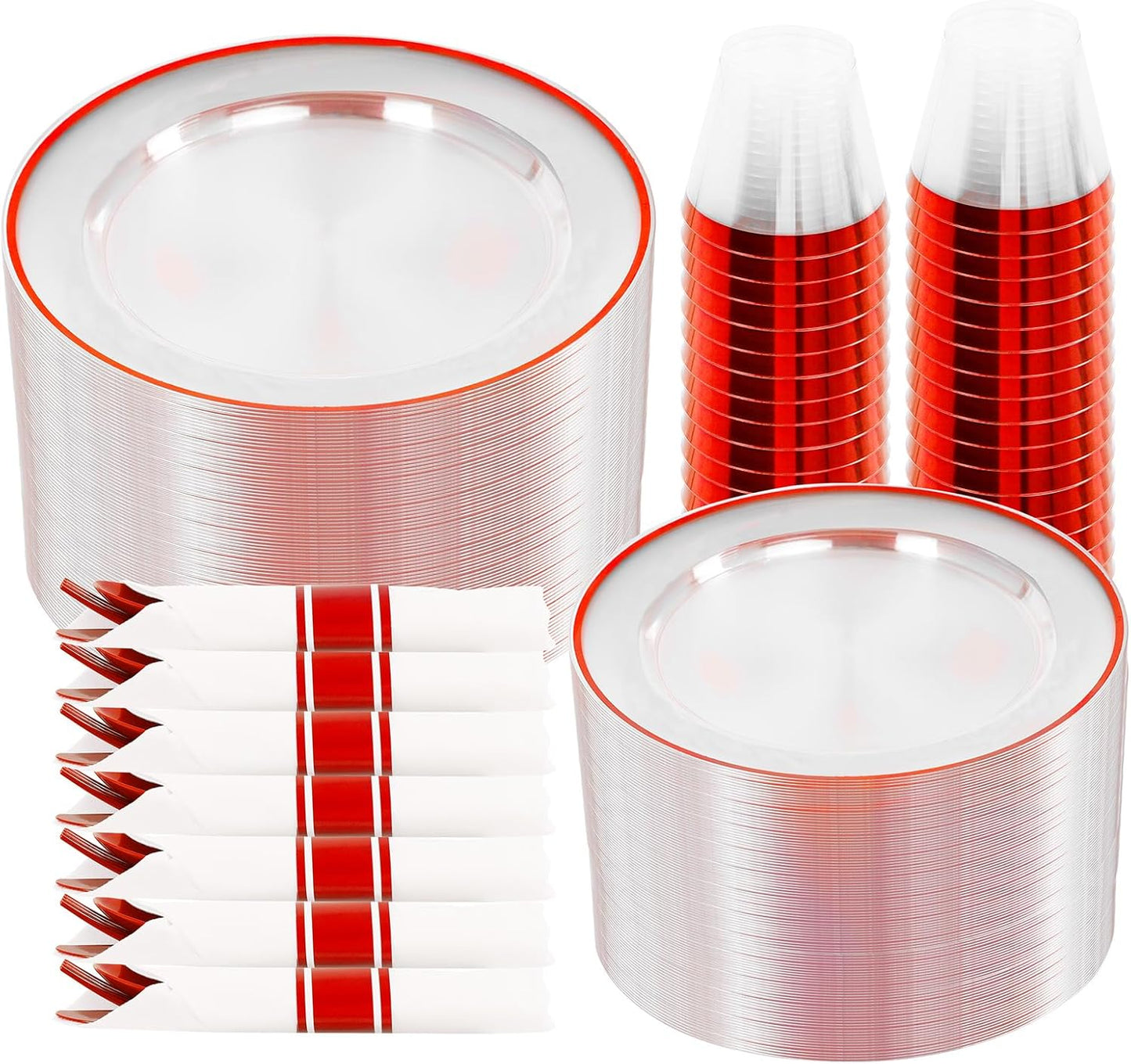 SUT 350 Pcs Red and Clear Plastic Dinnerware Set for 50 Guests, Include: 50 Dinner Plates, 50 Dessert Plates, 50 Pre Rolled Napkins With Silverware, 50 Cups, Disposable Plates for Party, Christmas