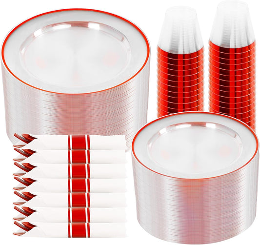 SUT 350 Pcs Red and Clear Plastic Dinnerware Set for 50 Guests, Include: 50 Dinner Plates, 50 Dessert Plates, 50 Pre Rolled Napkins With Silverware, 50 Cups, Disposable Plates for Party, Christmas