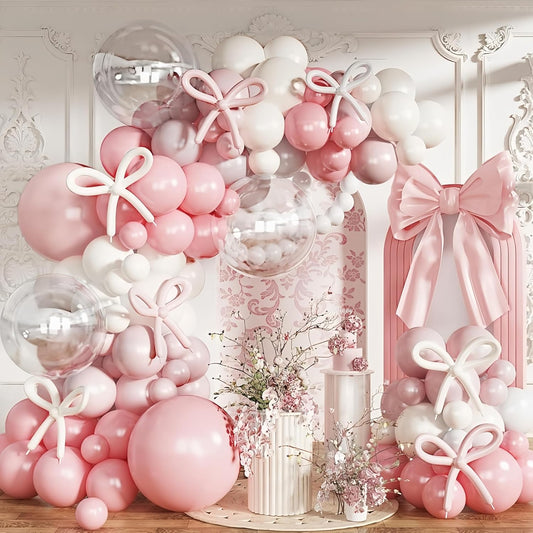 Pastel Pink and White Coquette Balloons Arch, 134 PCS Light Baby Dusty Pale Pink Bow Balloon Garland mit 18 Inch Clear Balloons *5, Long Balloon as Bow Decor for Girls Just Want To Be One Birthday