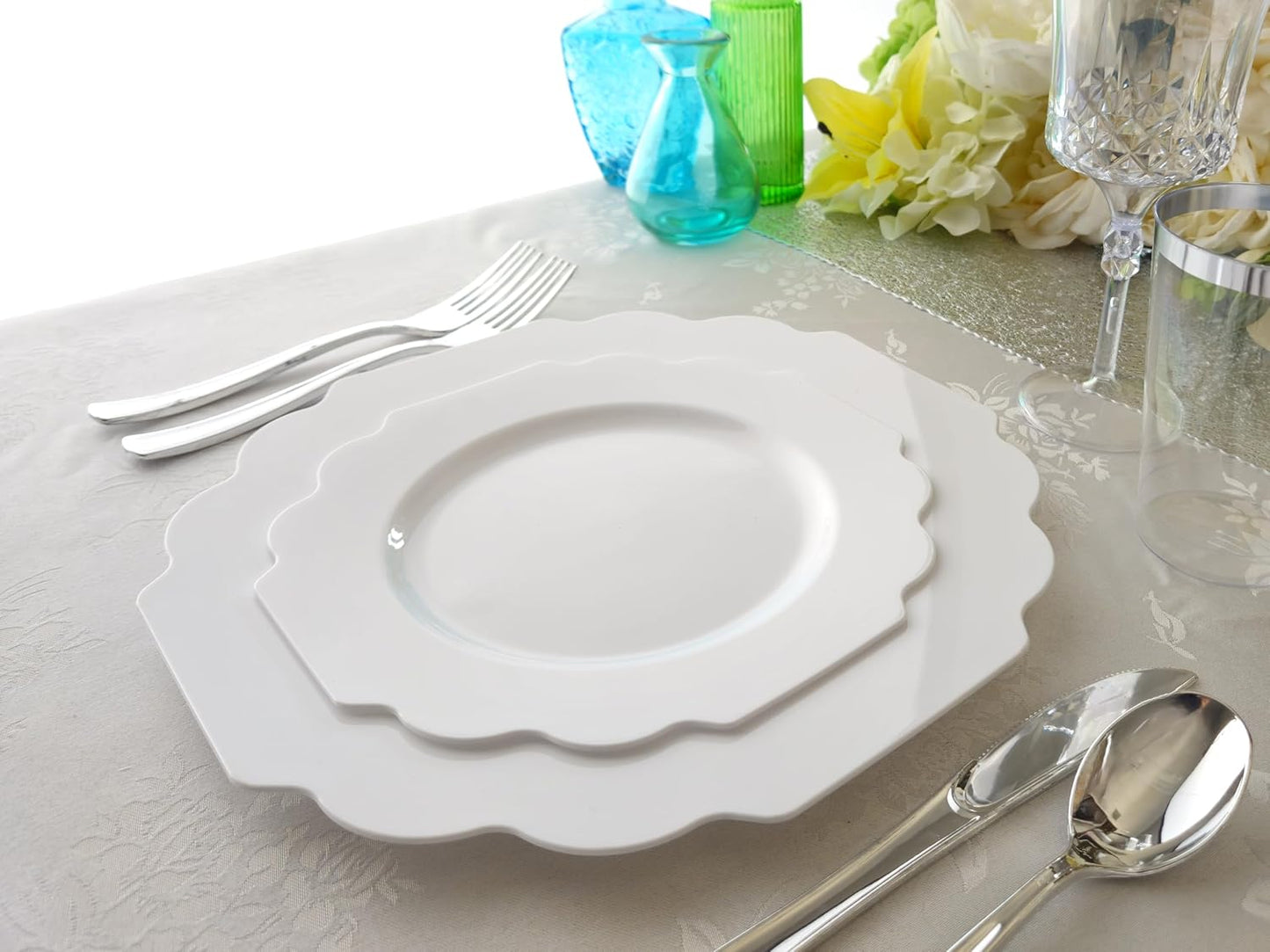 " OCCASIONS " 80 Plates Pack,(40 Guests) Heavyweight Wedding Party Disposable Plastic Plates Set -40 x 10.5'' Dinner + 40 x 8'' Salad/Dessert Plate (Imperial White)
