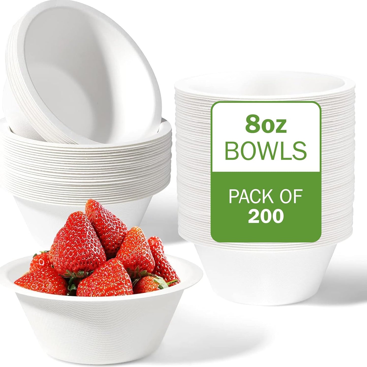 Disposable Paper Bowls, 200 Pack 8 oz, Heavy-Duty Compostable, Eco-Friendly, Bagasse Bowl for Soup, Salad, Dessert & More