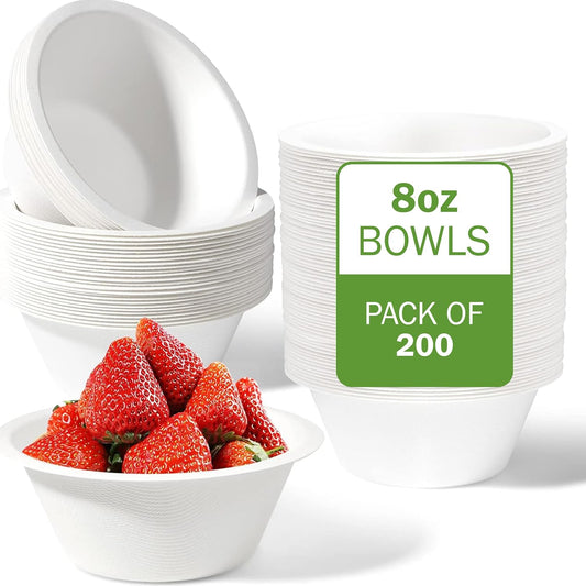 Disposable Paper Bowls, 200 Pack 8 oz, Heavy-Duty Compostable, Eco-Friendly, Bagasse Bowl for Soup, Salad, Dessert & More