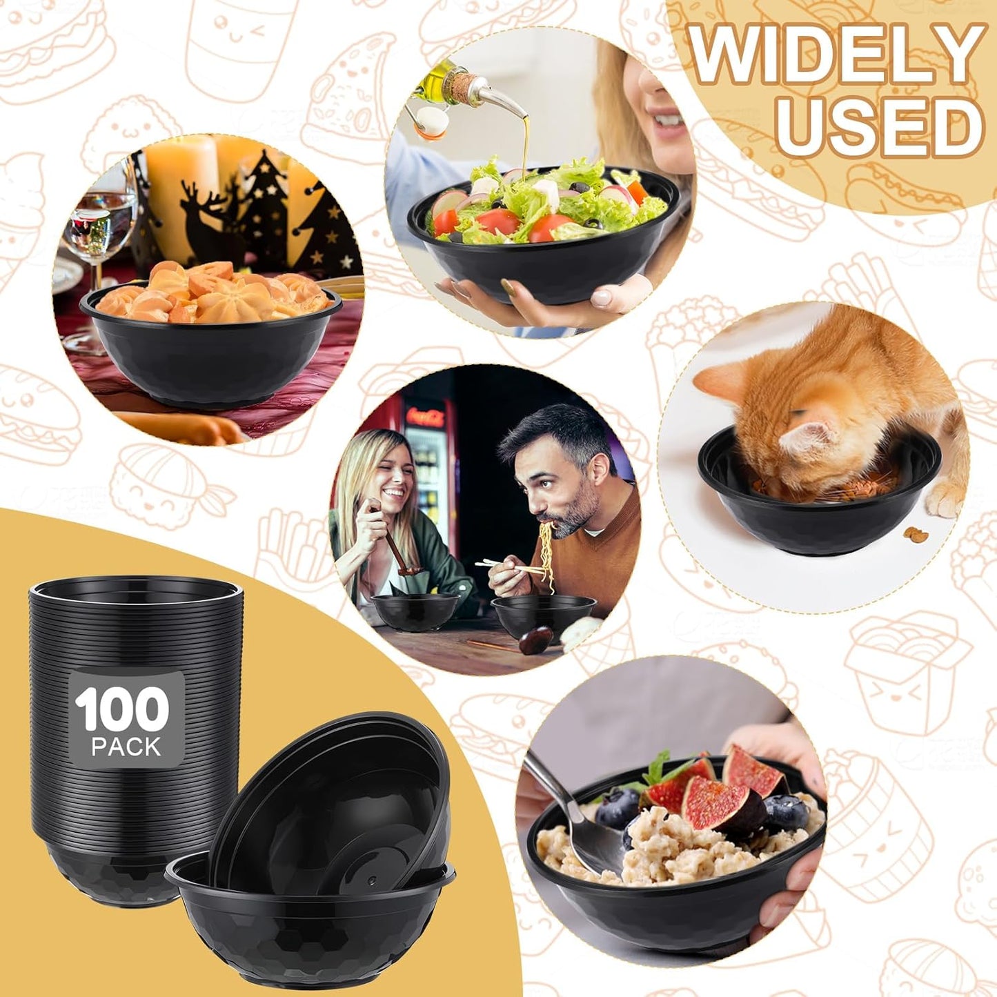 100 Pack 32oz Black Disposable Plastic Bowls Plastic Salad Bowls Large Stackable Serving Soup Dinnerware for Birthdays, Weddings, Parties, Festivals