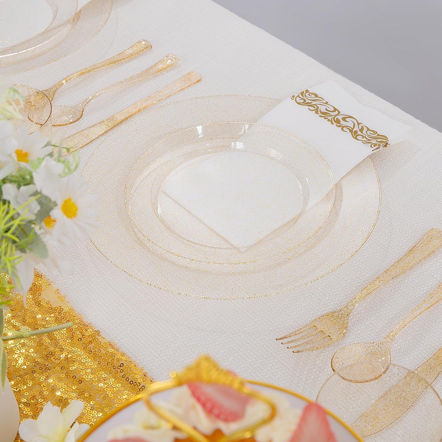 Supernal 400pcs Gold Glitter Plastic Dinnerware, Disposable Plates for Party Include 50 Gold Plastic Plate, 50pcs Dessert Plate 100 Glitter Forks, 50 Disposable Knives and Spoons, 50Cups and Napkins