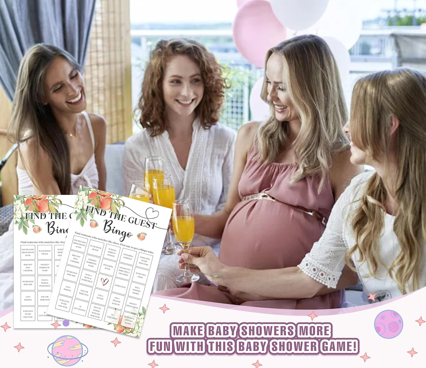 White Floral Peach Find The Guest Bingo Game - Pack of 30 Gender Neutral Boy or Girl Cards - Fun Baby Shower Game and Activity - FA31