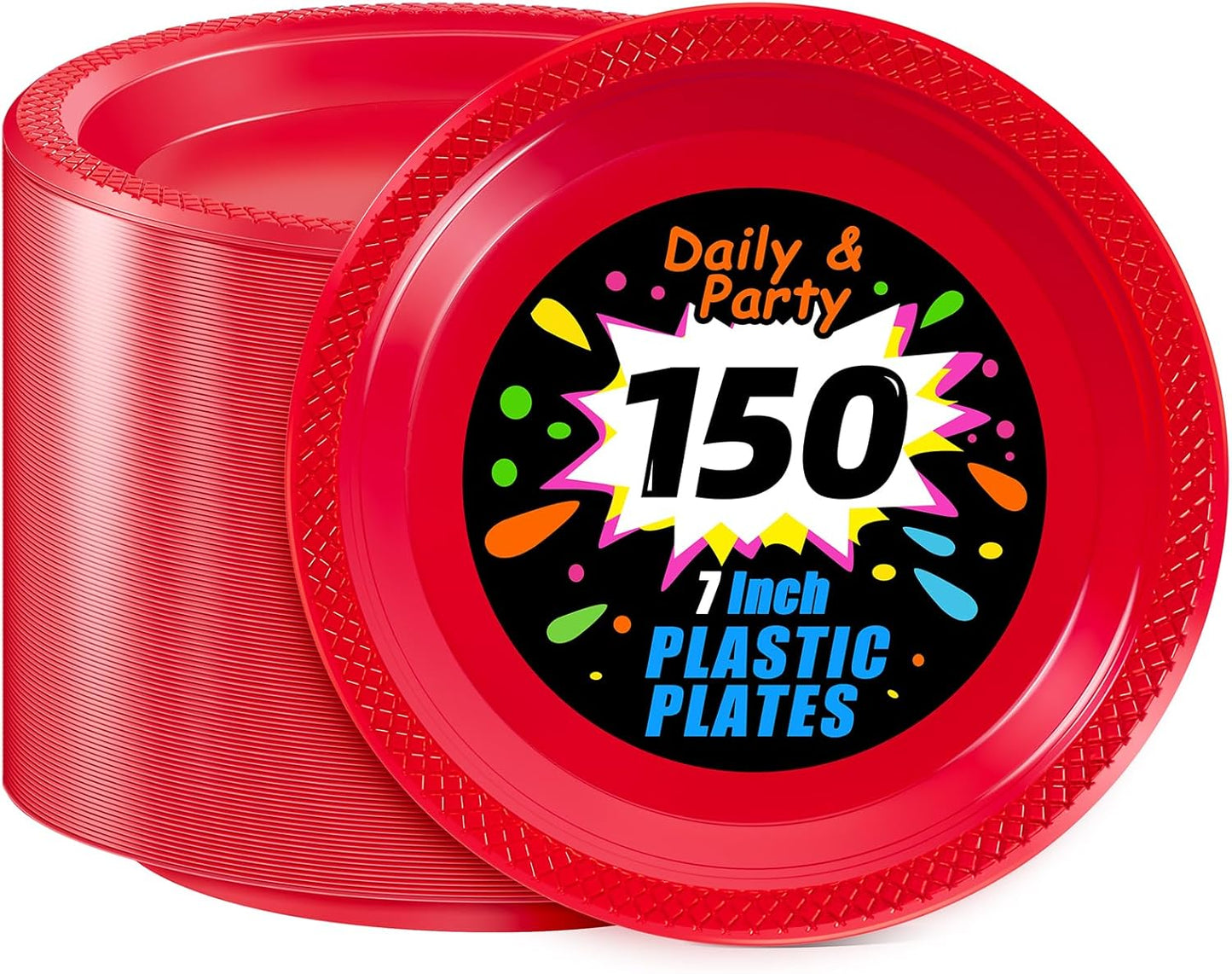 WELLIFE 7 Inch Red Dessert Plates 150 Count, Red Plastic Disposable Party Plates for Dessert Cake Appetizers Salad Easter Mother's Day