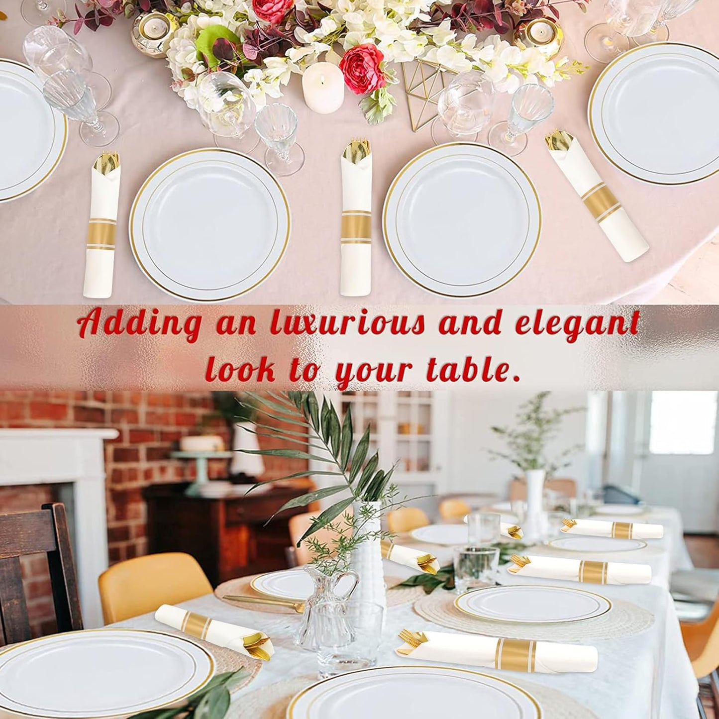 50 Pack Pre Rolled Gold Plastic Silverware Set,Wrapped Plastic Cutlery Set with Napkin Include 50 Forks,50 Spoons,50 Knives and 50 White Napkins for Party,Wedding