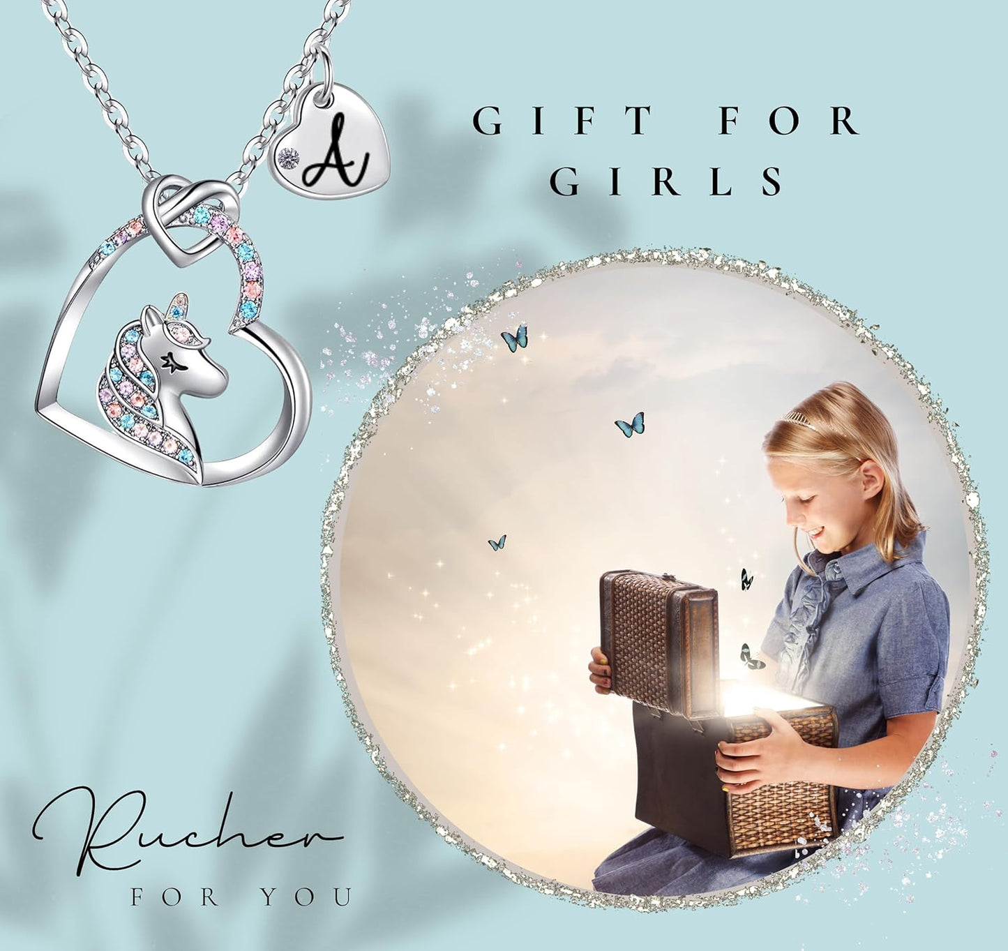 Unicorn Necklace for Girls Kids with Personalized Initial Heart Pendant, 18K Gold Fashion Jewelry for Girls, Colorful Heart Necklace for Birthday Gifts.