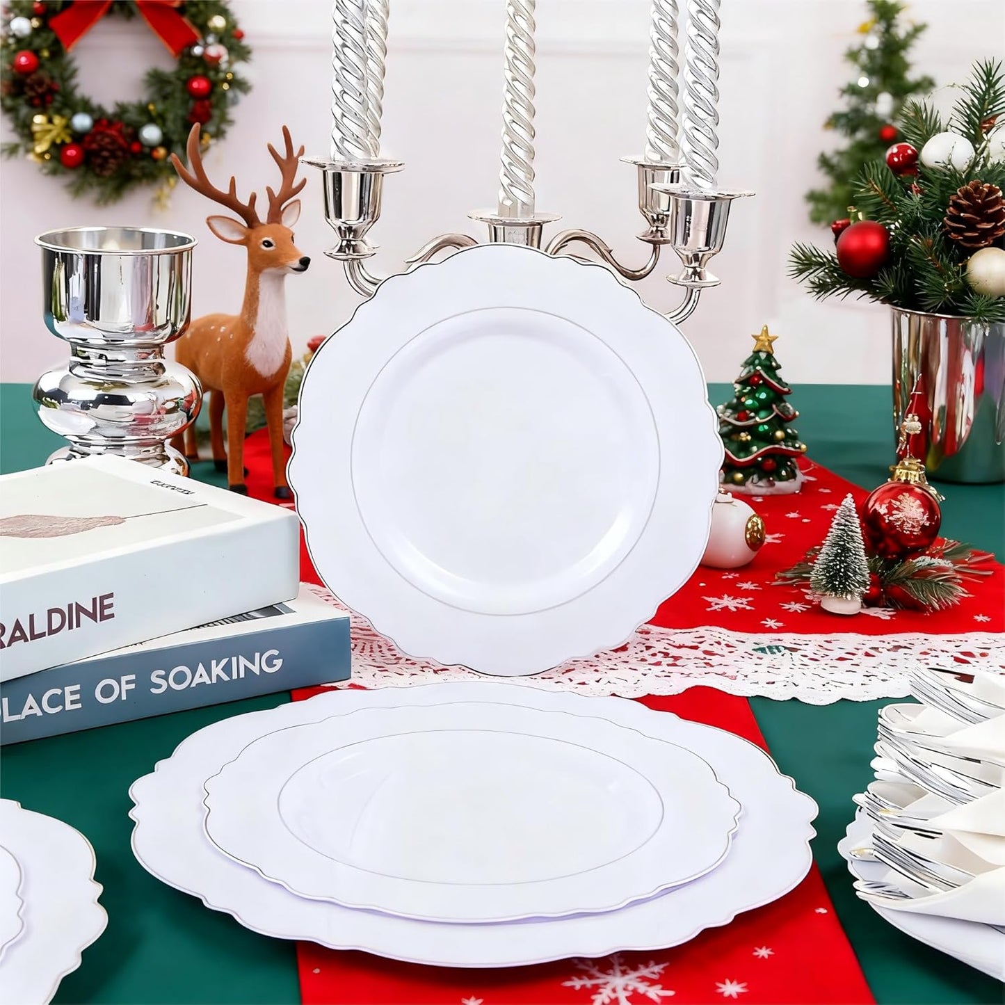 Liacere 350PCS Silver Plastic Plates-Disposable White and Silver Plates 50guest Baroque Plastic Dinnerware Set include 100Plates, 50Pack Pre Rolled Napkins with Silverware 50Cups Perfect for Christmas