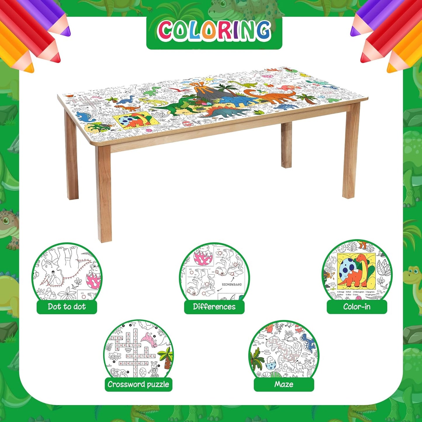 Dinosaur Coloring Tablecloth for Kids, Jumbo 30x72 Inch Poster with Dinosaurs, Volcanoes, Perfect for Boy Birthday Party Games, Decorations, Classroom Activities, Celebration Supplies