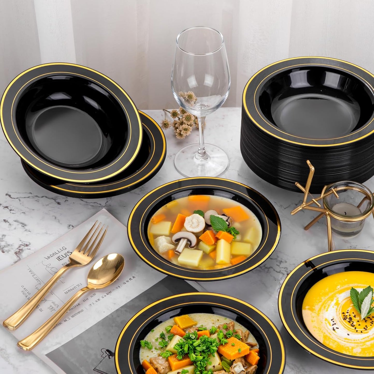 bUCLA 60 Pack Black Plastic Bowls with Gold Rim - 12 oz Plastic Soup Bowls Disposable for Wedding, Party, Gathering & New Year