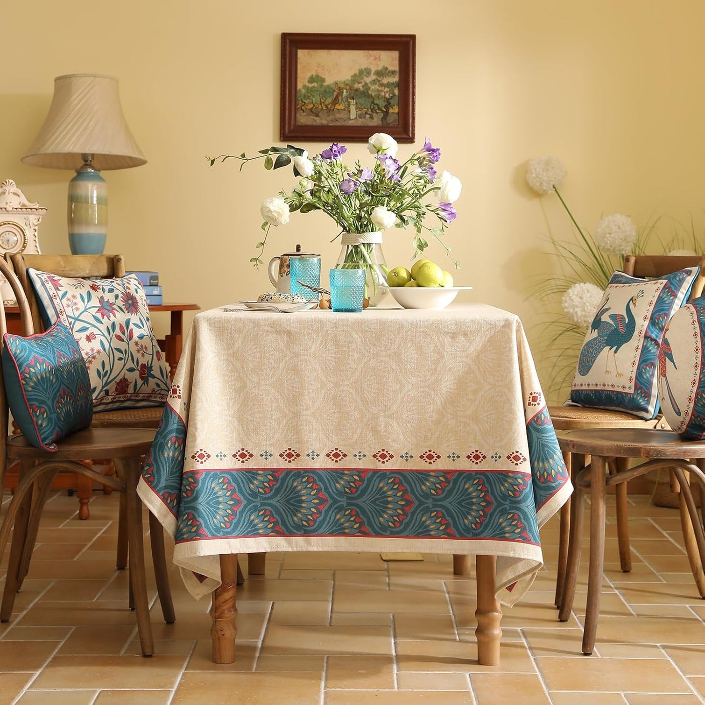 Vintage Beige Linen Extra Long Rectangle Tablecloth,Paisley Farmhouse Feather Pattern Table Cloth,Decor Table Cover for Kitchen,Dining,Thanksgiving,Christmas,67"*118"-Dorodango F