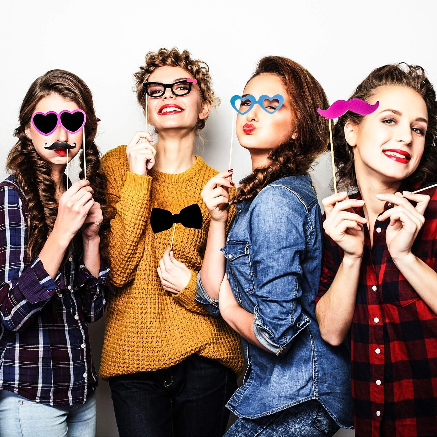 Gejoy 60 Pieces Photo Booth Props DIY Kit Graduation Funny Selfie Props Accessories for Wedding Prom Party Supplies Favors with Mustache on a Stick, Hats, Glasses, Mouth, Bowler, Bowties
