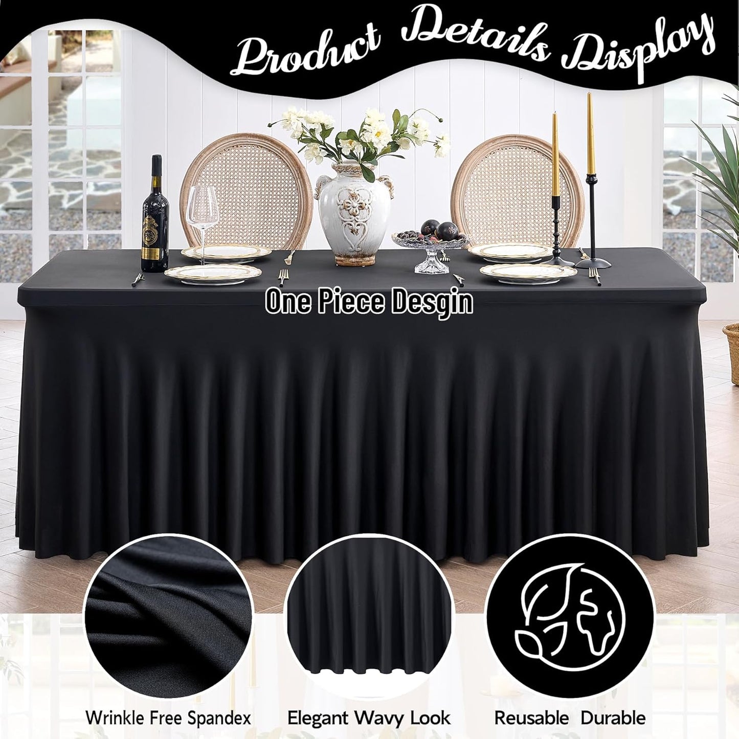 leegleri 2Pack Black Spandex Table Clothes for 4 Foot Rectangle Tables, Wrinkle Free 4ft Stretchy Table Cover, Spandex Table Skirt for 6FT Rectangle Tables-for Banquet Weddings Parties