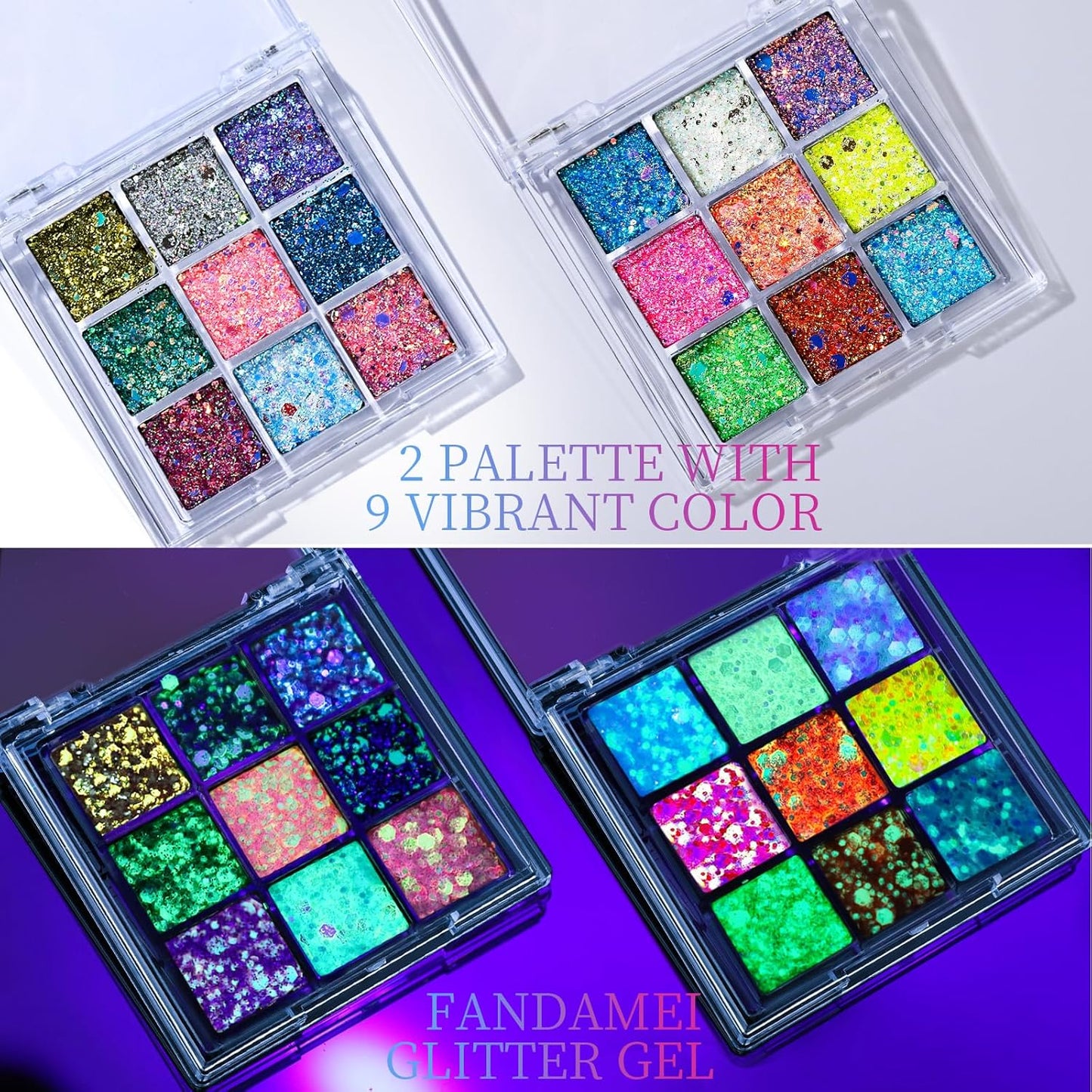 FANDAMEI Glow in The Dark Glitter, 2 Glitter Gel Palette 18 Grids Face Body Hair Glitter for Glow in The Dark Glitter Makeup, Face Glitter for Kids Women for Halloween Rave Concert Face Paint