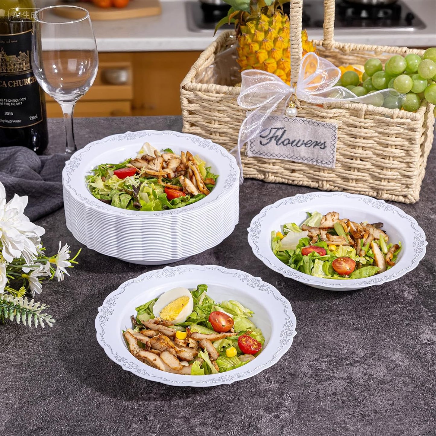 DaYammi 100 Pack Plastic Bowls with Silver Rim, 12oz Disposable Soup Bowls, Heavy Duty Dinner Bowls for Weddings, Parties, Dinners, Catering and Everyday Use