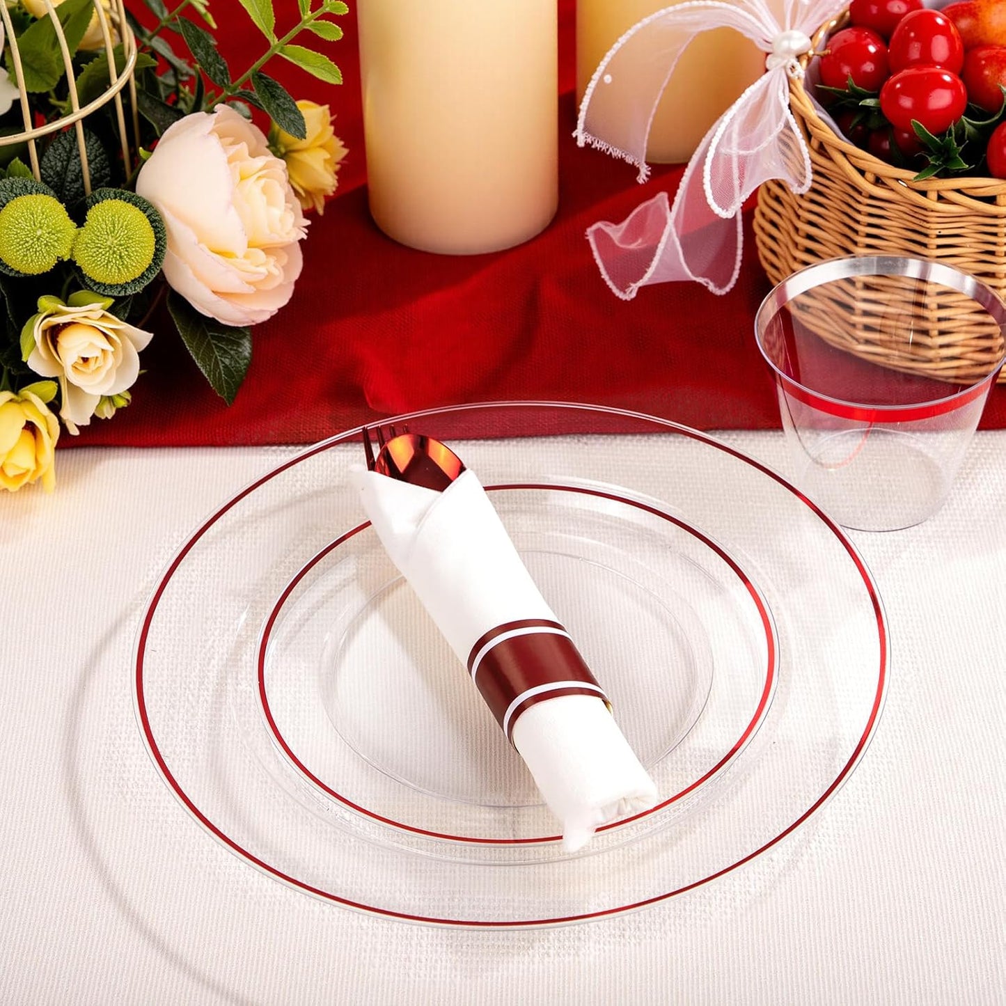 SUT 350 Pcs Red and Clear Plastic Dinnerware Set for 50 Guests, Include: 50 Dinner Plates, 50 Dessert Plates, 50 Pre Rolled Napkins With Silverware, 50 Cups, Disposable Plates for Party, Christmas