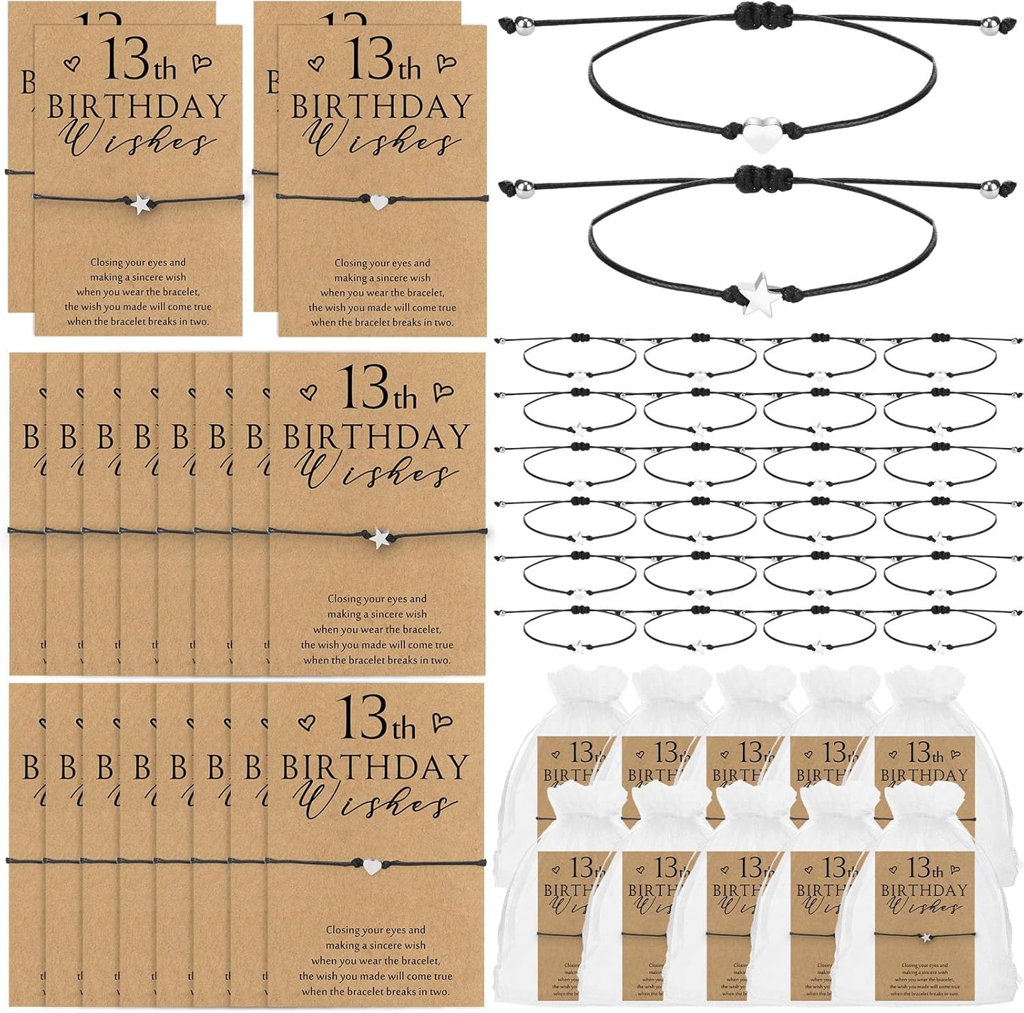 Misdary 25 Set Sweet 13th Birthday Wish Party Favors for Guests Include Adjustable Heart Charm Star Bracelets Gift with Thank You Wish Cards for Birthday Souvenirs Party Supplies Decor