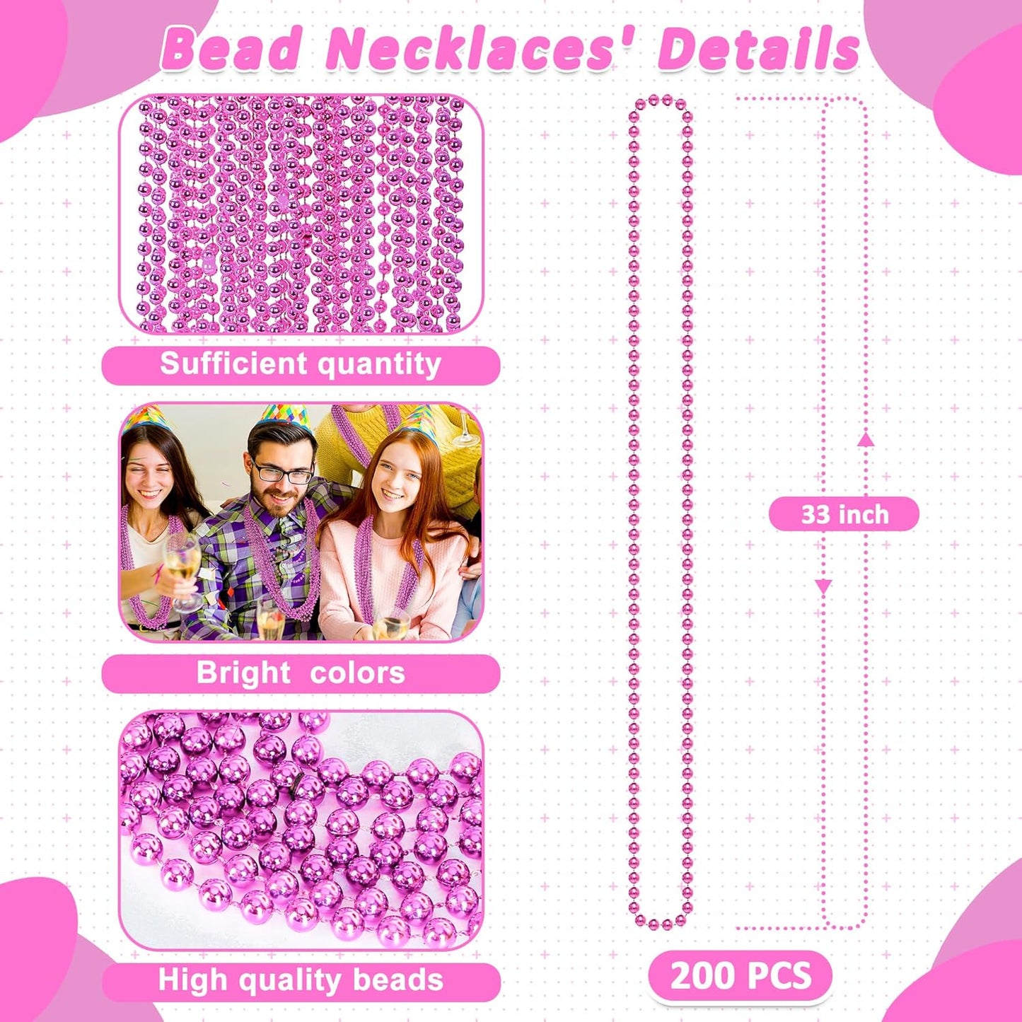 200PCS Mardi Gras Accessories, 33" Bead Necklace, Mardi Gras Beads, Party Costume Beads Parade Throws Bulk Party Favors Supplies Decor for Pirate Gender Baby Shower Birthday Wedding