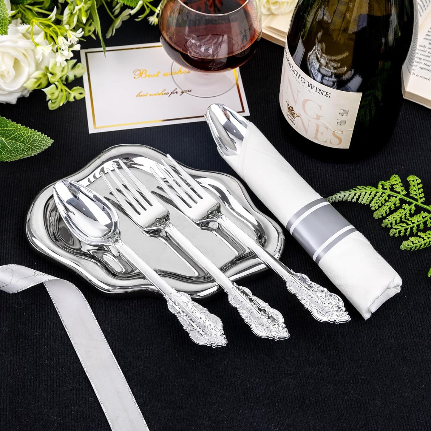 Liacere 400PCS Silver Plastic Silverware - Pre Rolled Napkins Disposable Silver Cutlery-Premium Quality Gold Plastic Utensils - Includes 100Forks,100Knives,100Spoons,100Napkins&Christmas