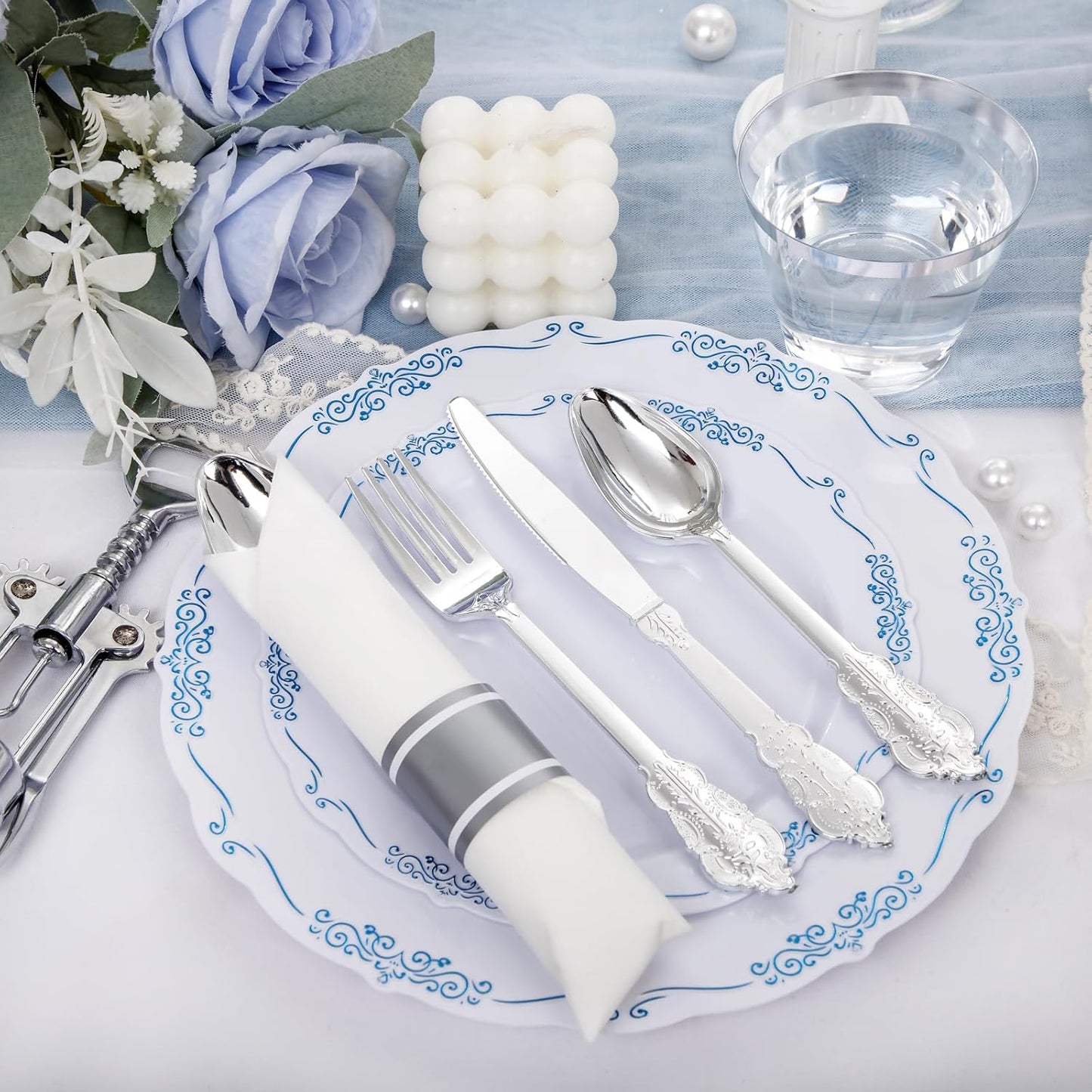 DaYammi 350Pcs Blue and White Plastic Plates Disposable Blue Plates for Party Include 50 Dinner plate,50 Dessert plate- 50 Per Rolled Napkins with Silver Cutlery- 50 Disposable Cups 9 OZ for Wedding