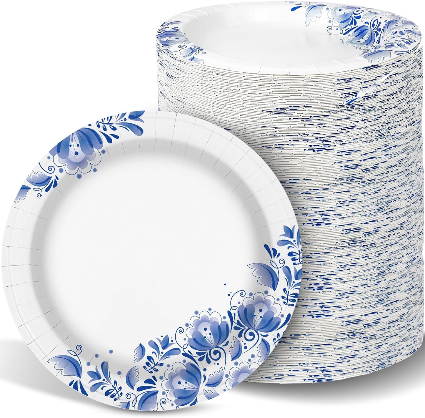 Charmount 10 Inch Large Blue Paper Plates, 300pcs Disposable Plates for Parties and Daily Use, Soak Proof, Cut Proof, Flower Printed