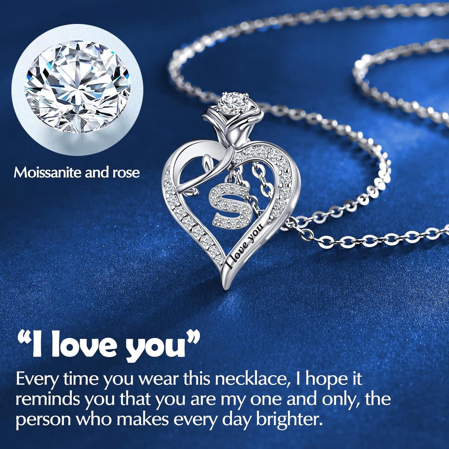 Rose Heart Pendant Necklace Gifts for Wife, Engraved 'I love you' Gift for Wife Girlfriend, Anniversary Birthday Eternity Jewelry Present for Women, Moissanite Necklace Gift for Her