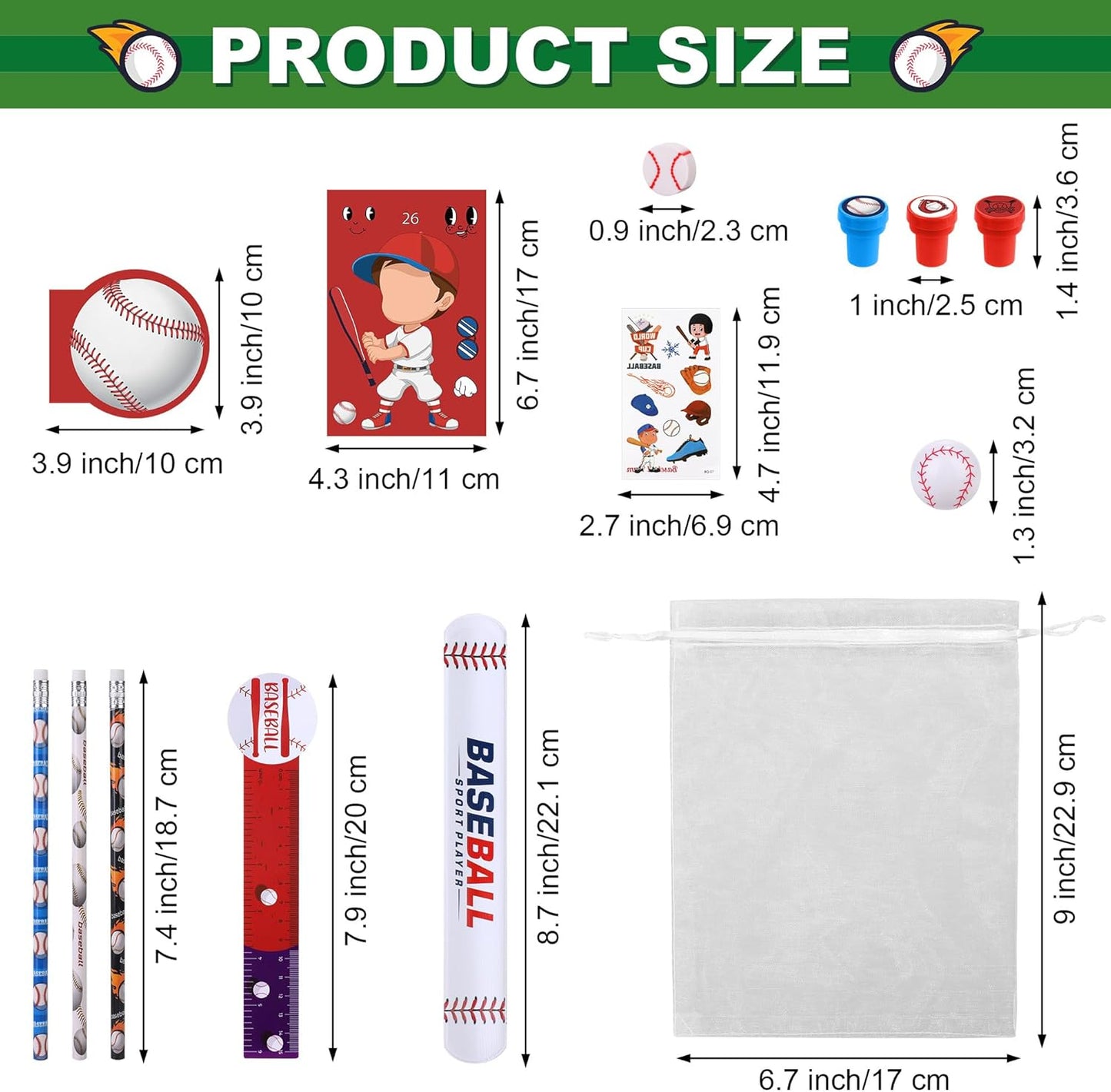 Aneco 340 Piece Baseball Party Favor Set Baseball Goodie Bag Stuffers Mini Card Pencil Sharpener Eraser Stamp Slap Bracelet Sticker School Stationery Bulk for Sport Party Team Game Prize Birthday Gift